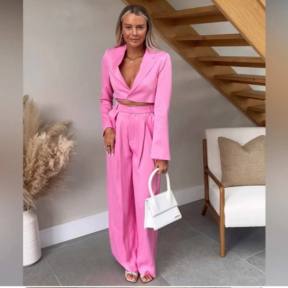 Zara 2pc Matching Set  * Satin Cropped Blazer and Wide Pants Pink Size S